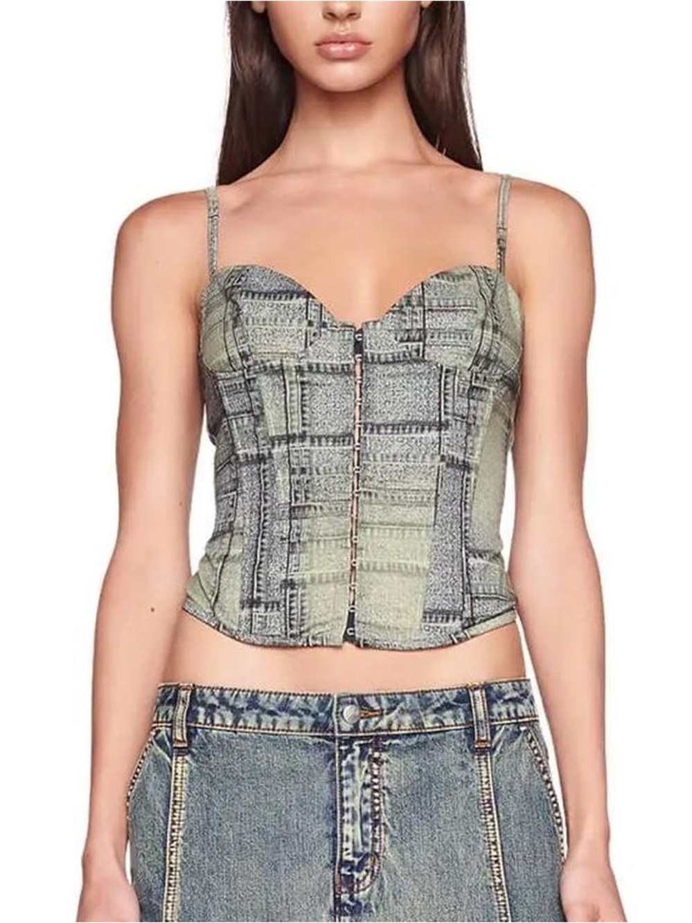 New I.AM.GIA Patchwork Denim Style Corset Bustier Crop Top Size Small